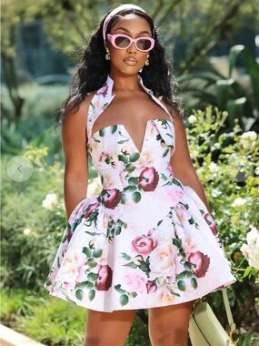 Ellae Lisque Floral Halter Fit-and-Flare Mini Dress in Pink